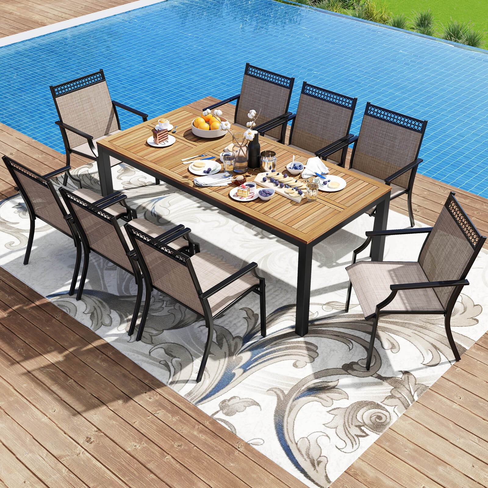 9-Piece Outdoor Patio Furniture w/ Large Wooden Tabletop & Umbrella Hole