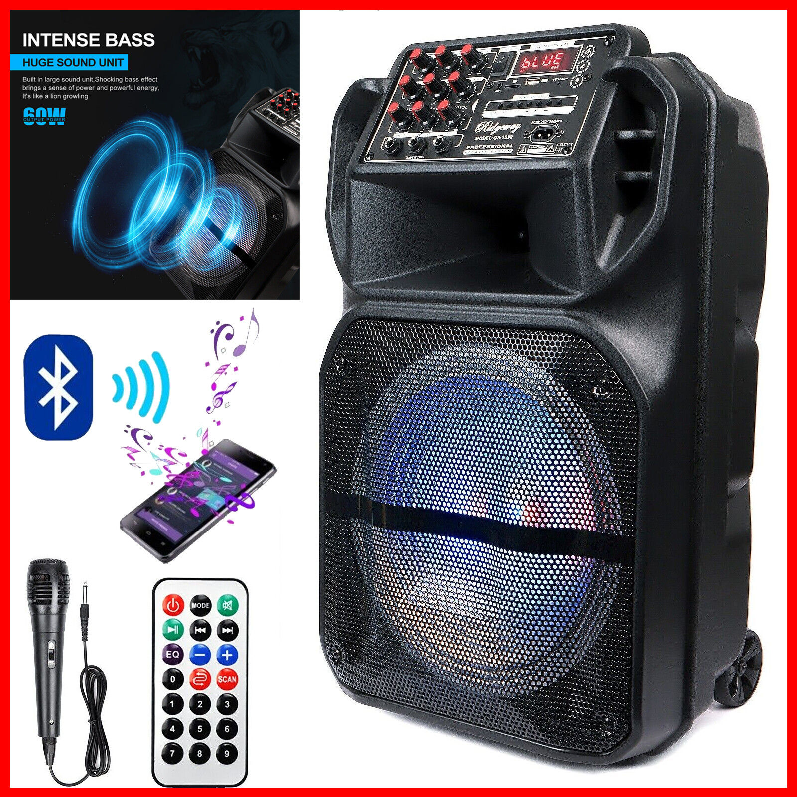 15" Rechargeable Powered Bluetooth Speaker Portable Party Heavy Bass MIC FM AUX