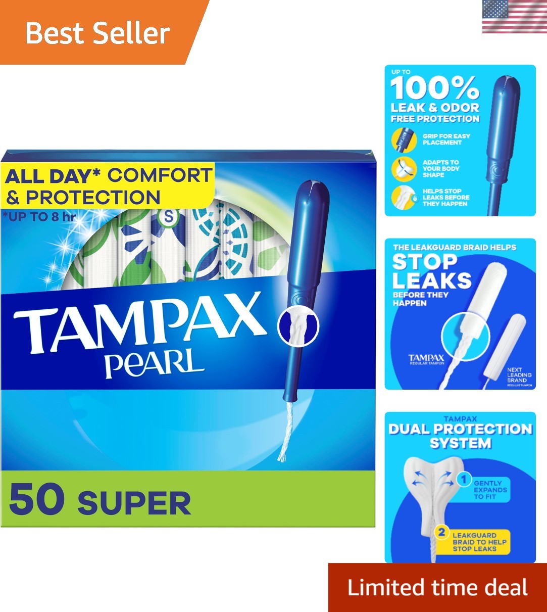 Pack of 50 Pearl Tampons - Unscented, Super Absorbency with Anti-Slip Applicator