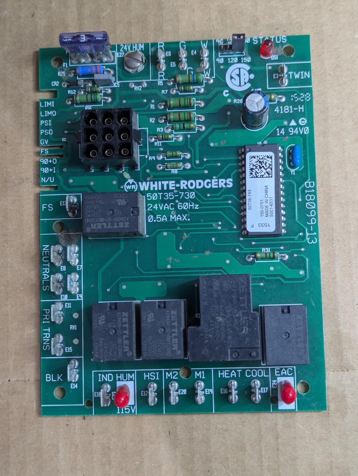 White-Rodgers B18099-13 0150-1981, 50T35-743 Furnace Control Board Tested