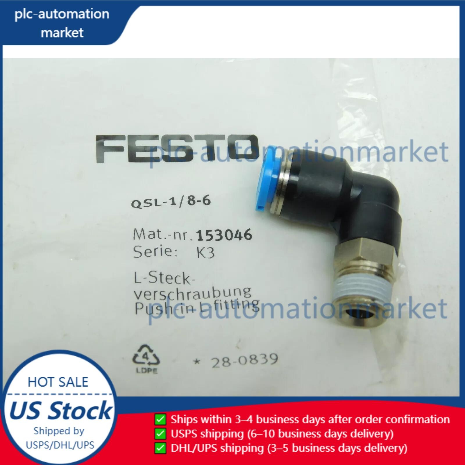 FESTO CORPORATON QSL-1/8-6 Push-in 90 deg Connector - US STOCK