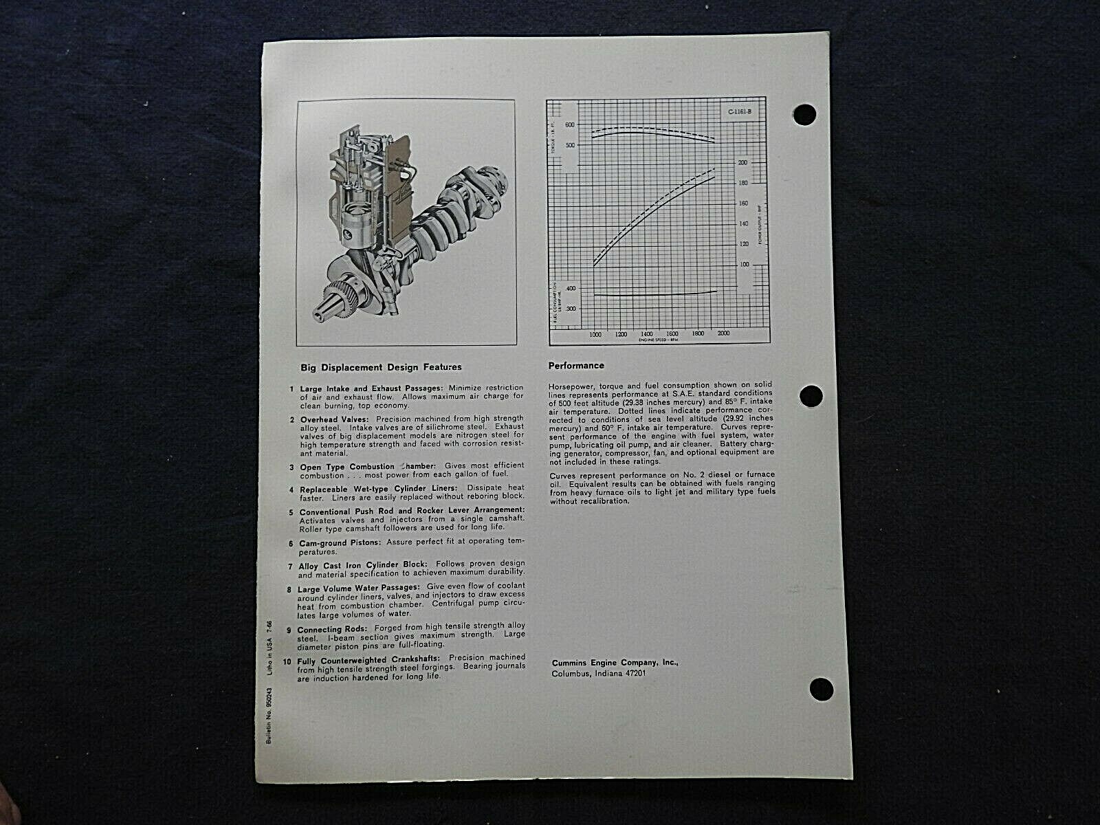 1966 GENUINE CUMMINS "NHE-195 DIESEL ENGINE" SPECIFICATION BROCHURE