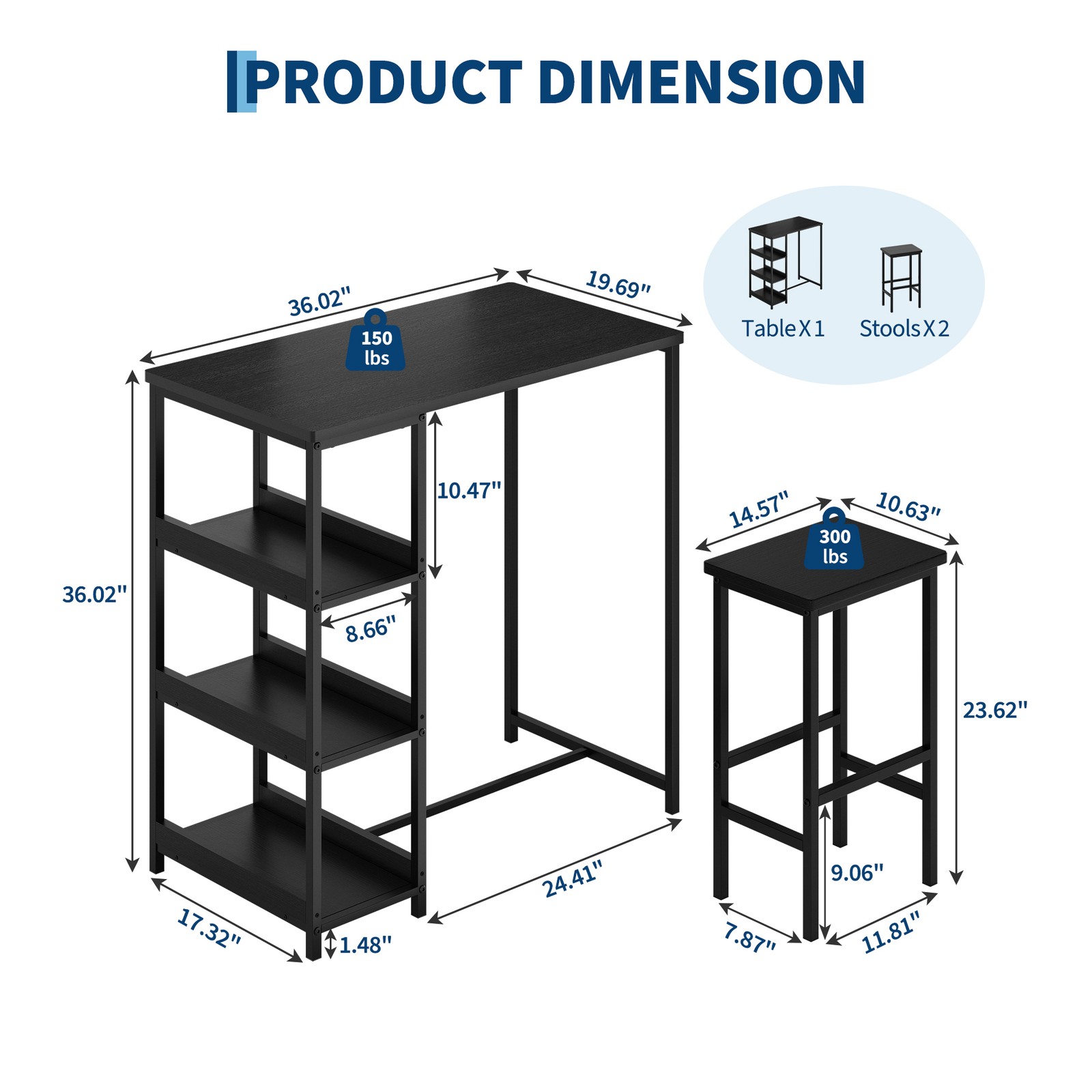 36" Dining Table Set for 2, Kitchen Table and 2 Bar Stools with Storage Shelves