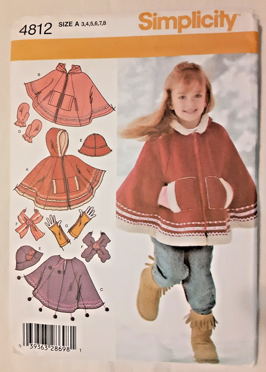 Simplicity Pattern 4812 Child Poncho Hat Scarf & Mittens Sewing Craft Project H