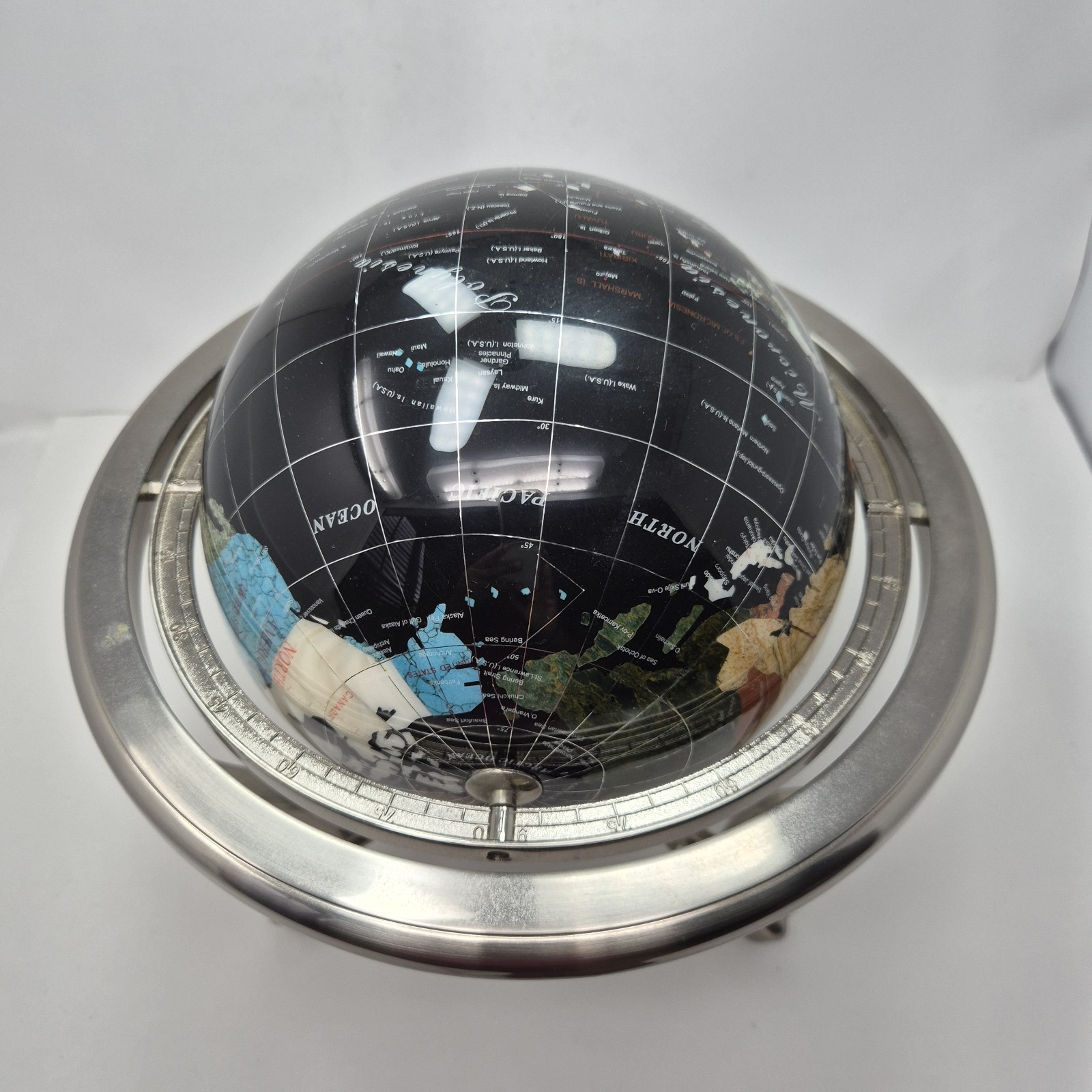 14" Black Ocean Silver 3- Leg Table Stand Gem Gemstone World MAP & Compass Globe
