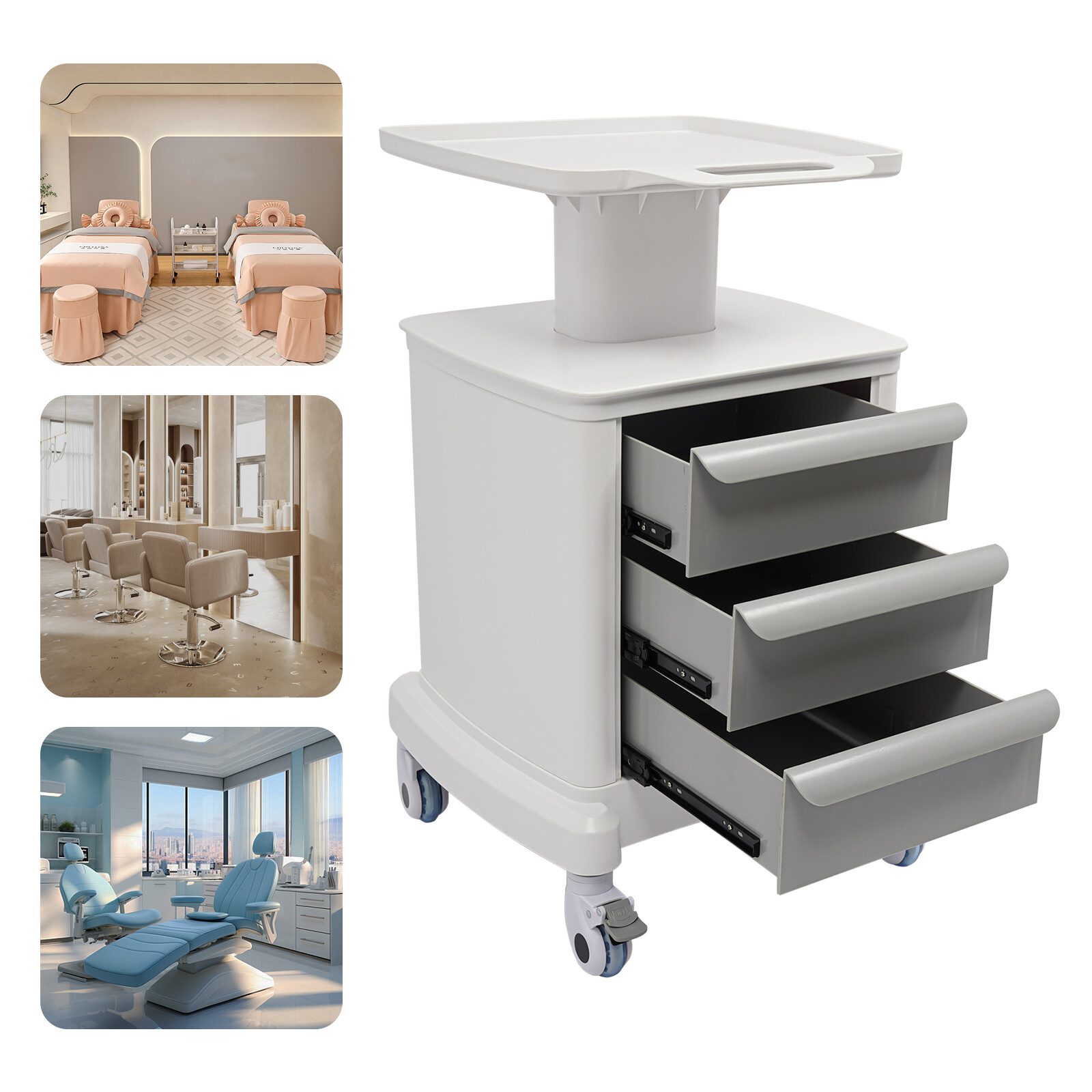 Dental Medical Mobile Cart Instrument Trolley 3 Drawers with Power Socket USA
