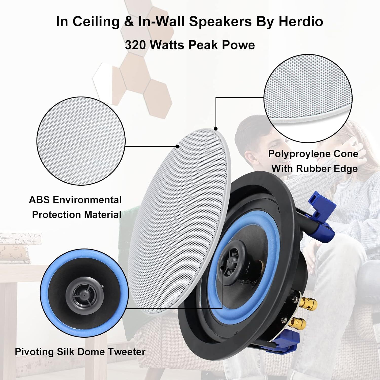 Herdio Bluetooth Ceiling Speakers Wired+4 Channel Amplifier Receiver TheaterHome