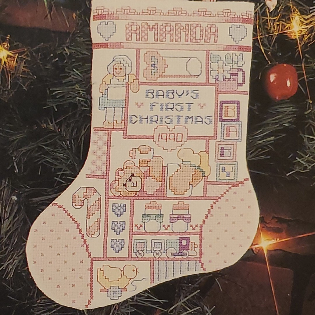 Linda Gillum Christmas Stocking to Cross Stitch booklet Baby's first boy girl