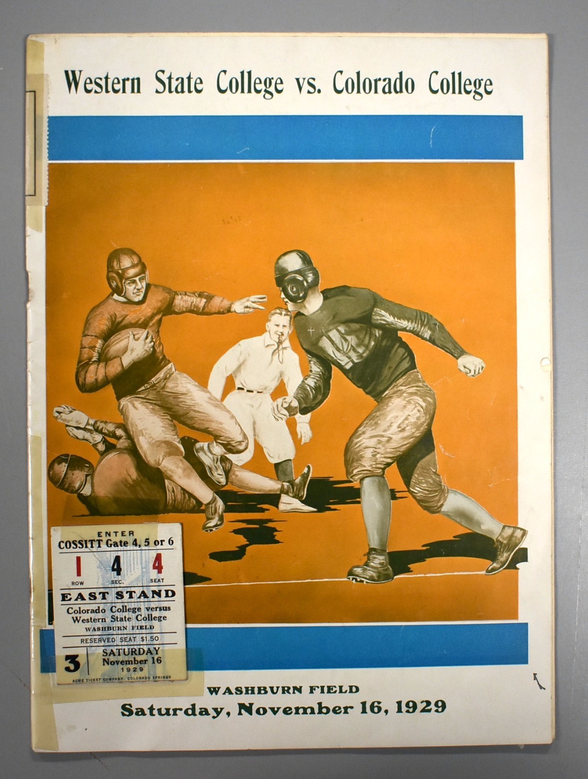 Western State College vs Colorado College Nov 16 1929 Game Program & Ticket Stub