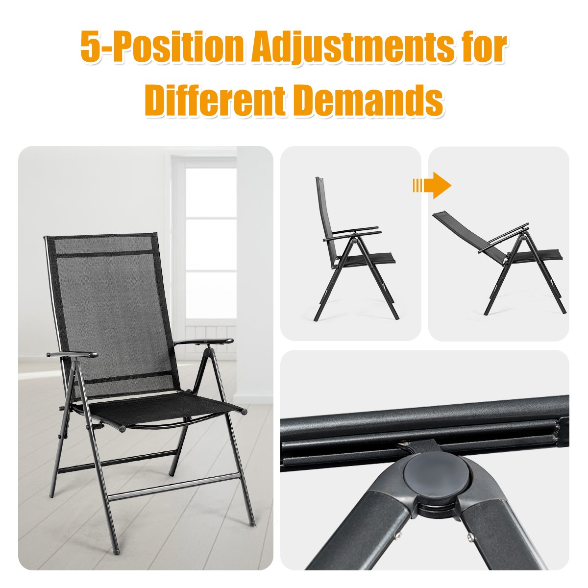 Set of 2 Patio Folding Dining Chair Recliner Adjustable Camping Portable Black