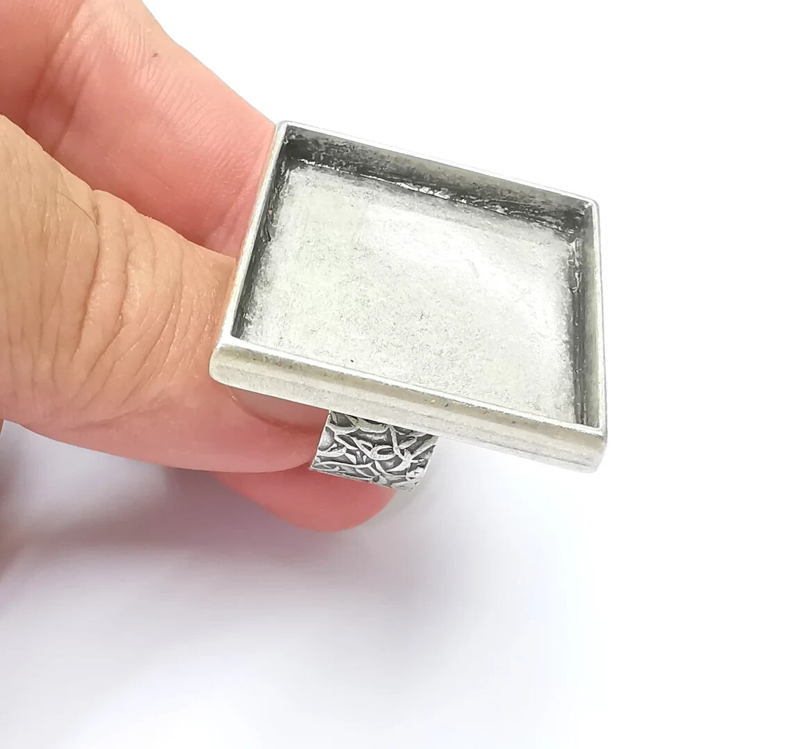 Square Antique Silver Ring Blank Settings, Cabochon Mounting Adjustable Resin
