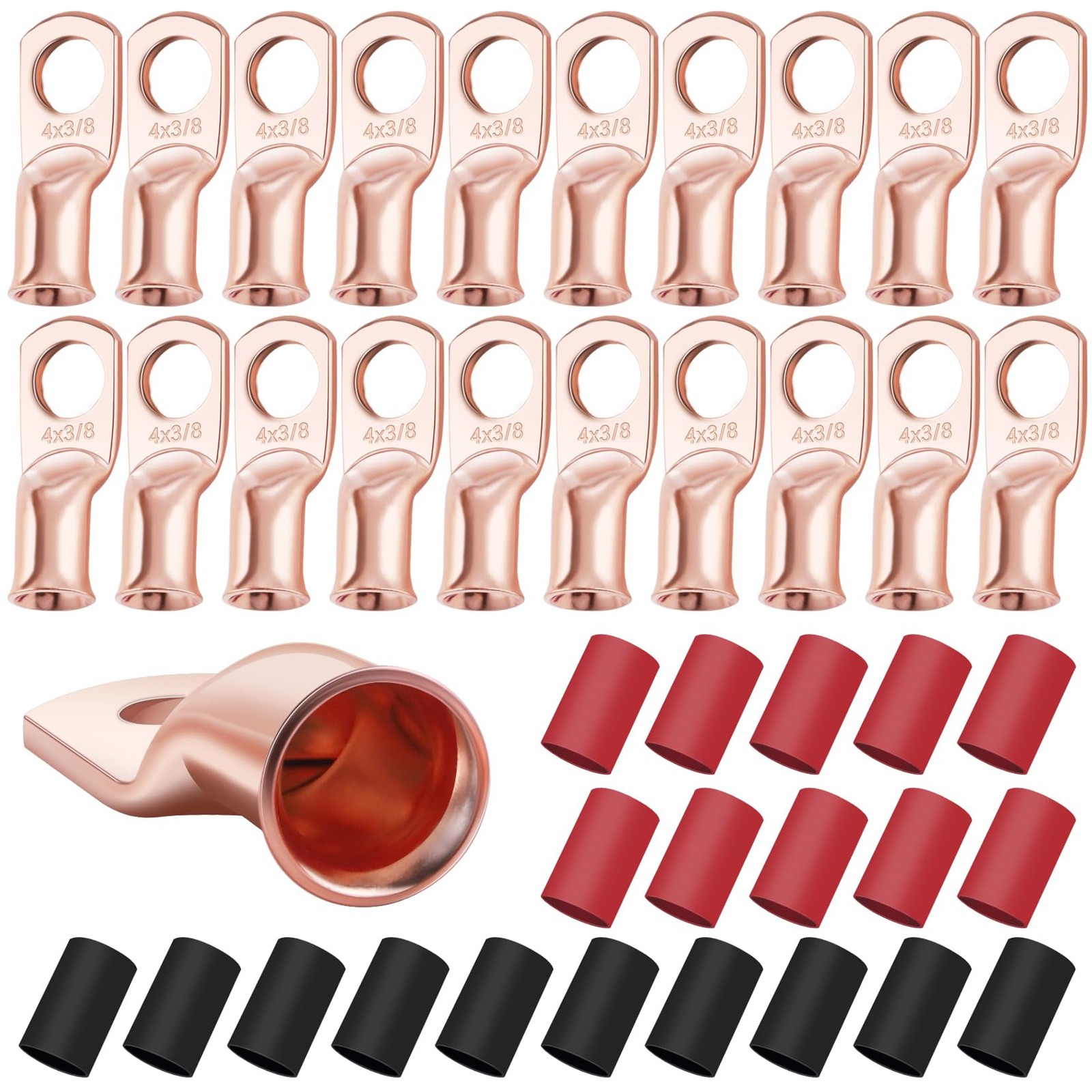 XHF 20PCS 4 AWG3/8 Heavy Duty Battery Lugs with 31 Heat Shrink Tubing, Ring T...