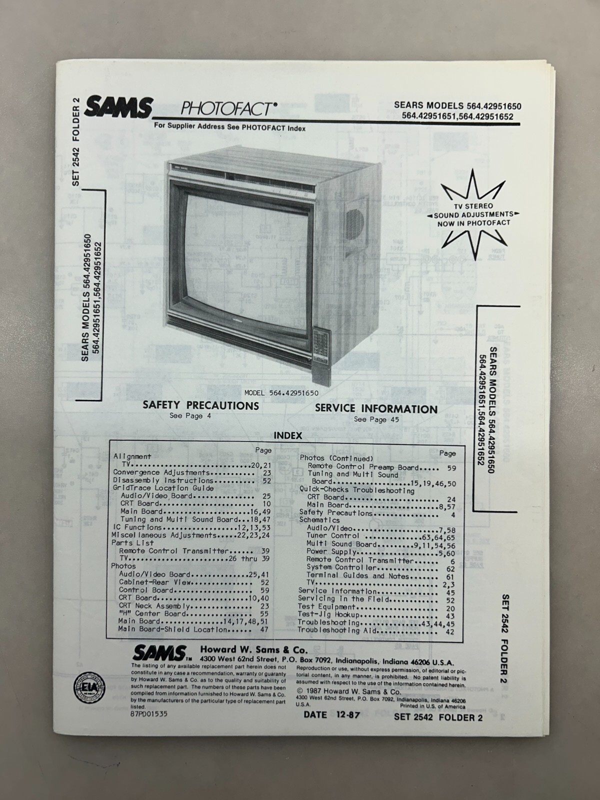 Sears 564.42951650 42951651 42951652 Service Manual Sams Photofact Free Shipping