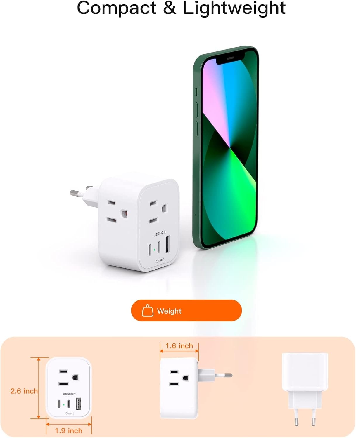 【2-Pack】 European Travel Plug Adapter, BESHON International Power White