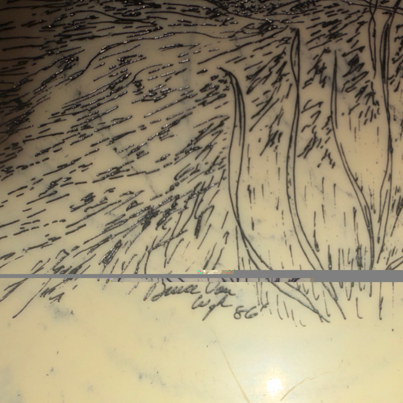Vintage Loon Etched Drawing on Marble Signed 1986