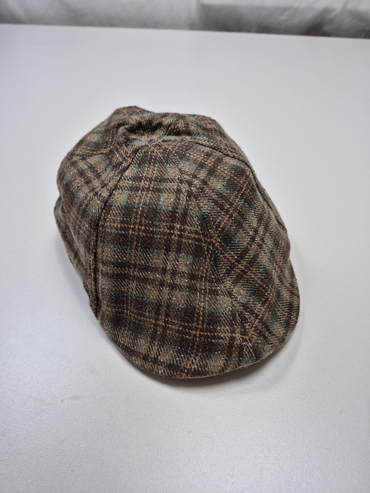 Stetson Hat Newsboy Flat Cap Mens Large Brown Plaid Silk Tweed Sun Guard