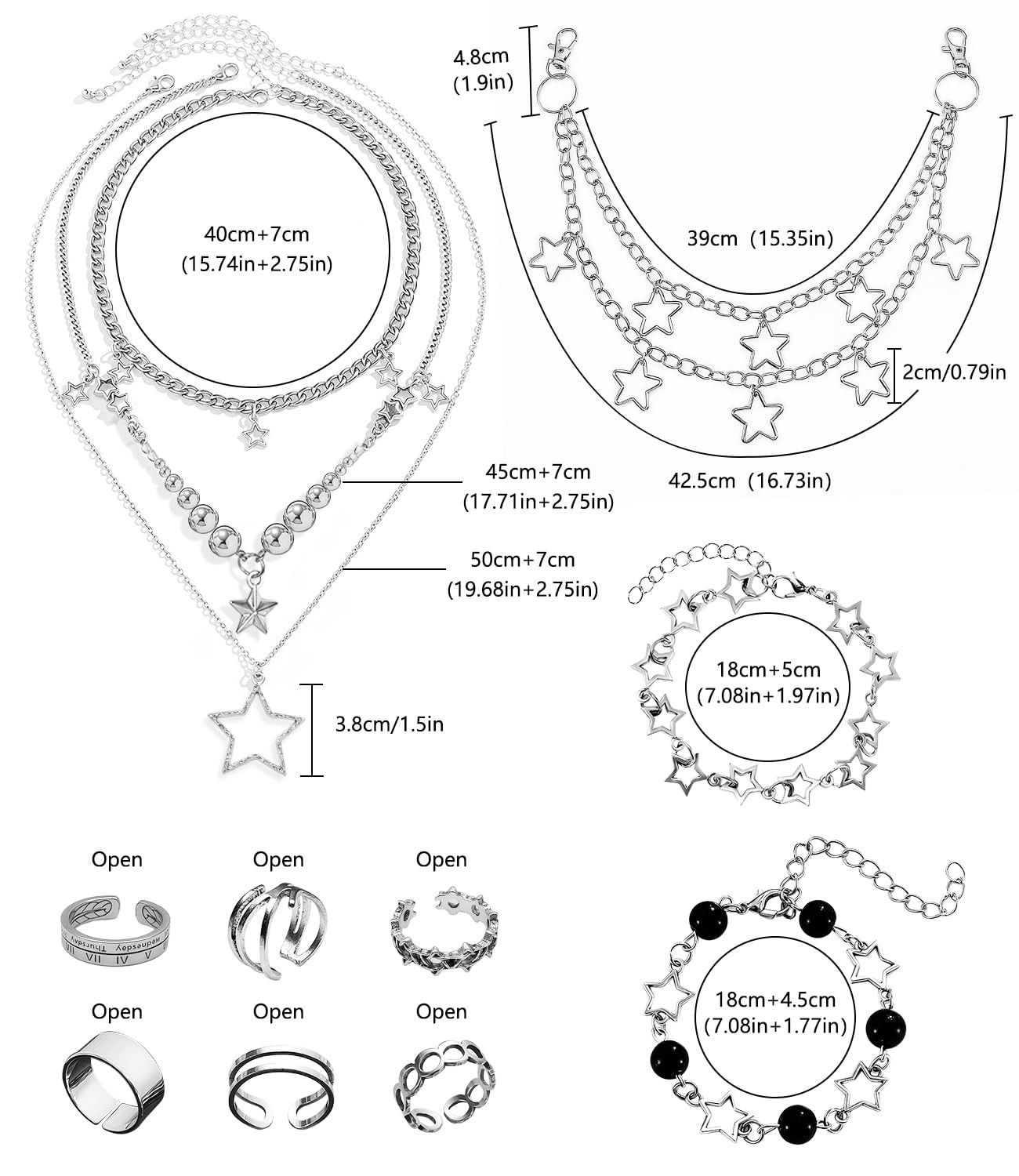 Molirex 12 Pcs Y2k Necklace Stack Layered Silver Jewelry Set Star