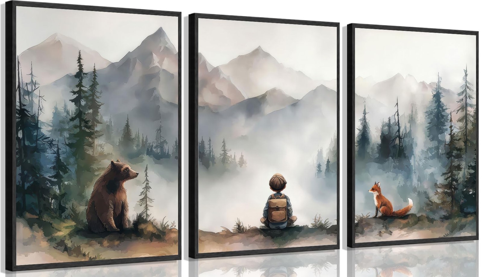 3Pcs Neutral Woodland Wild Animal Wall Art Cute Bear 16L"x12W", Gray Poster