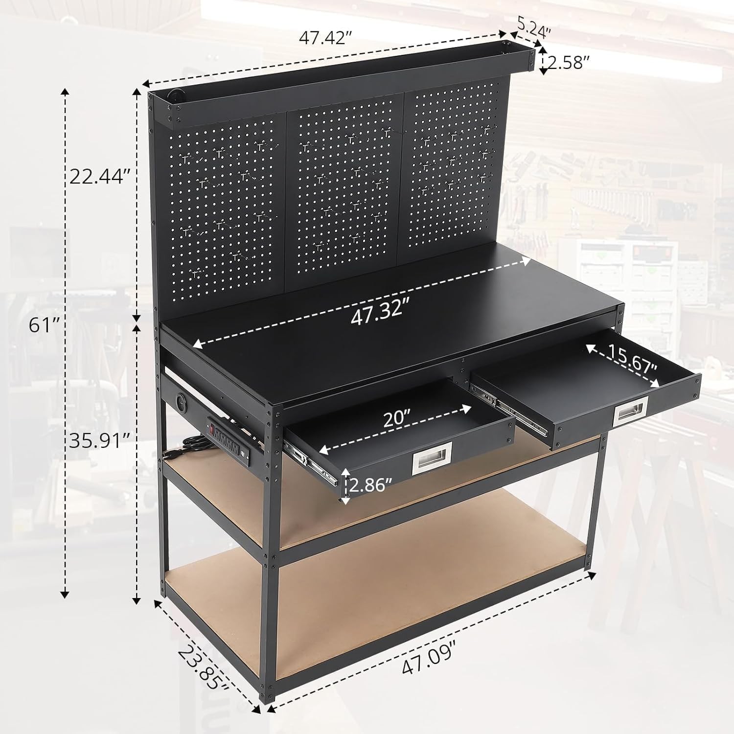 48" Workbench Multipurpose Garage Worktable w/ Pegboard Power Outlets & Drawers