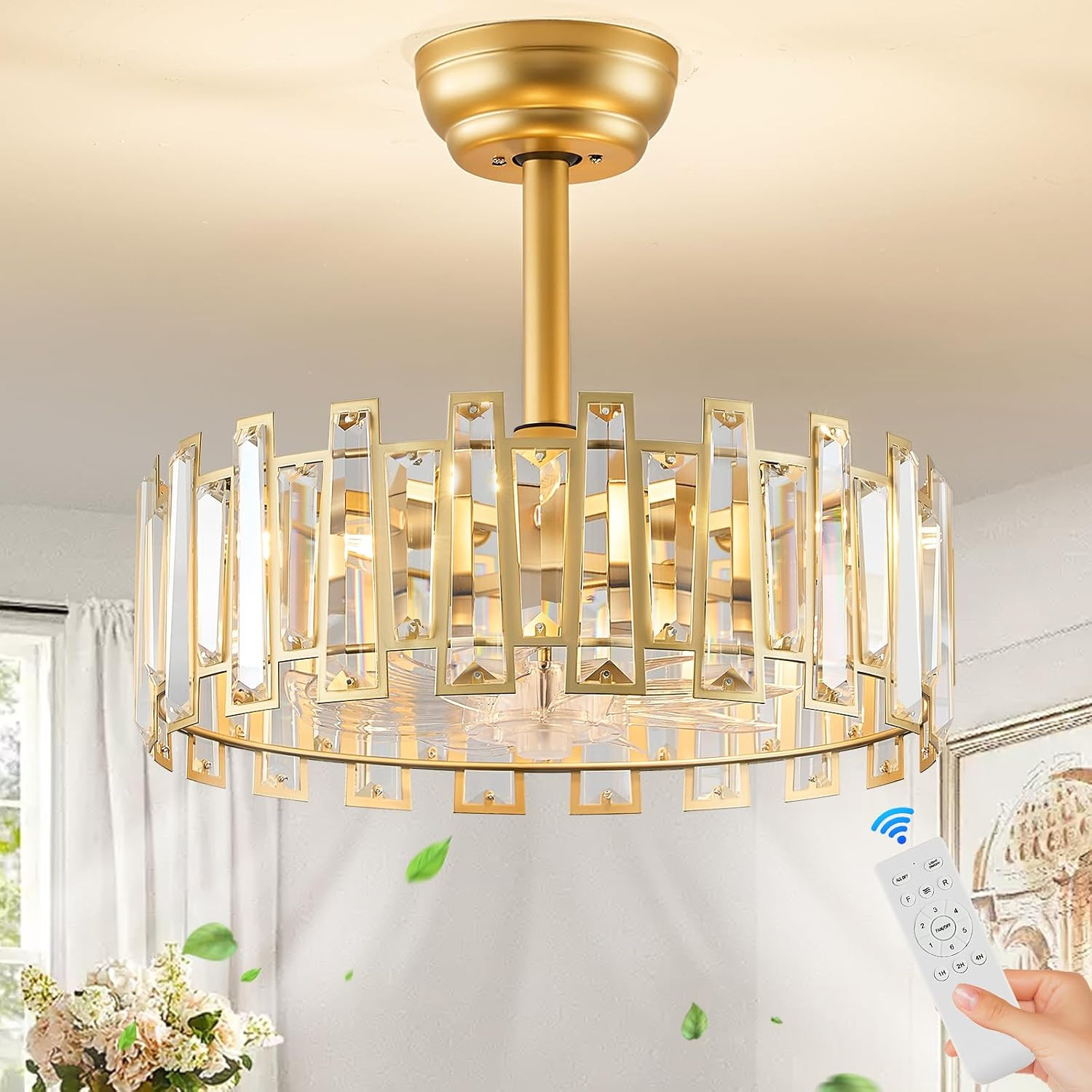 Gold Caged Ceiling Fans with Light, Brass Ceiling Fan Light with Remote Control