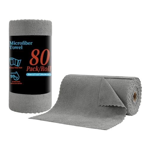 80 Pack Microfiber Cleaning Cloth Roll,Lint Free Rags & Tear Away Dark Gray