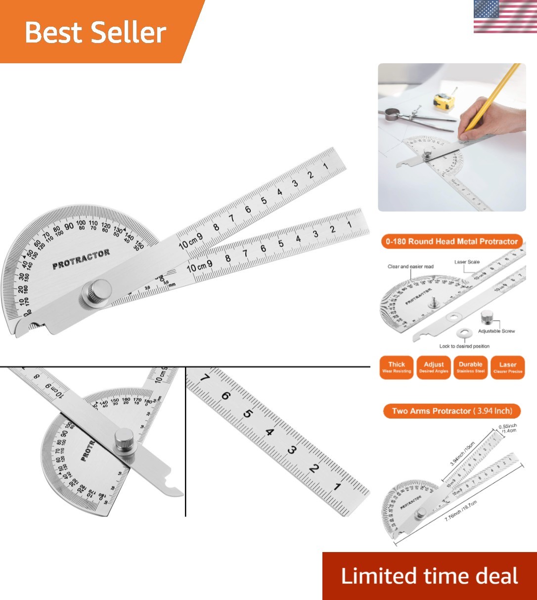 Precision Stainless Steel Angle Protractor and Ruler for Accurate Measurements