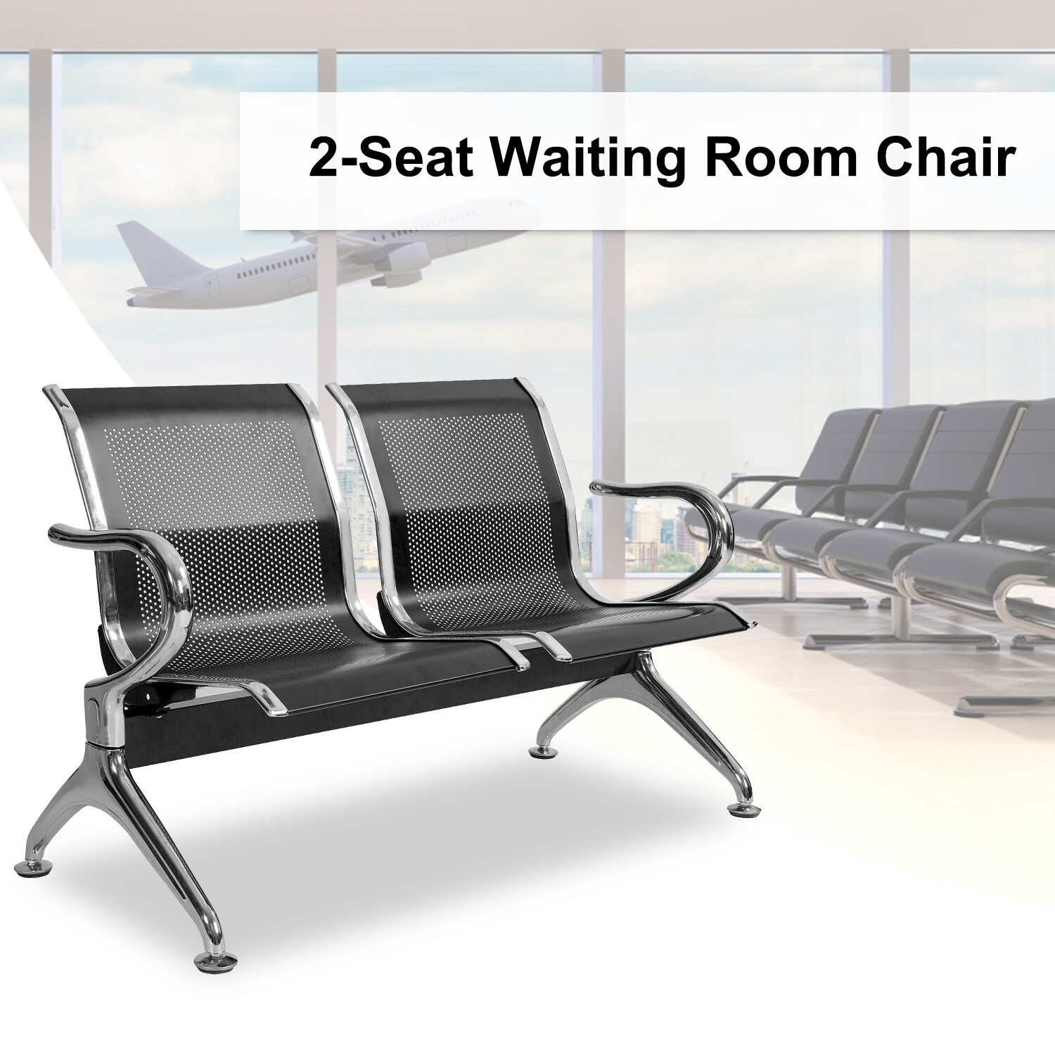 2-Seat Airport Waiting Chair Clinic Bench Office Reception Room Salon Black