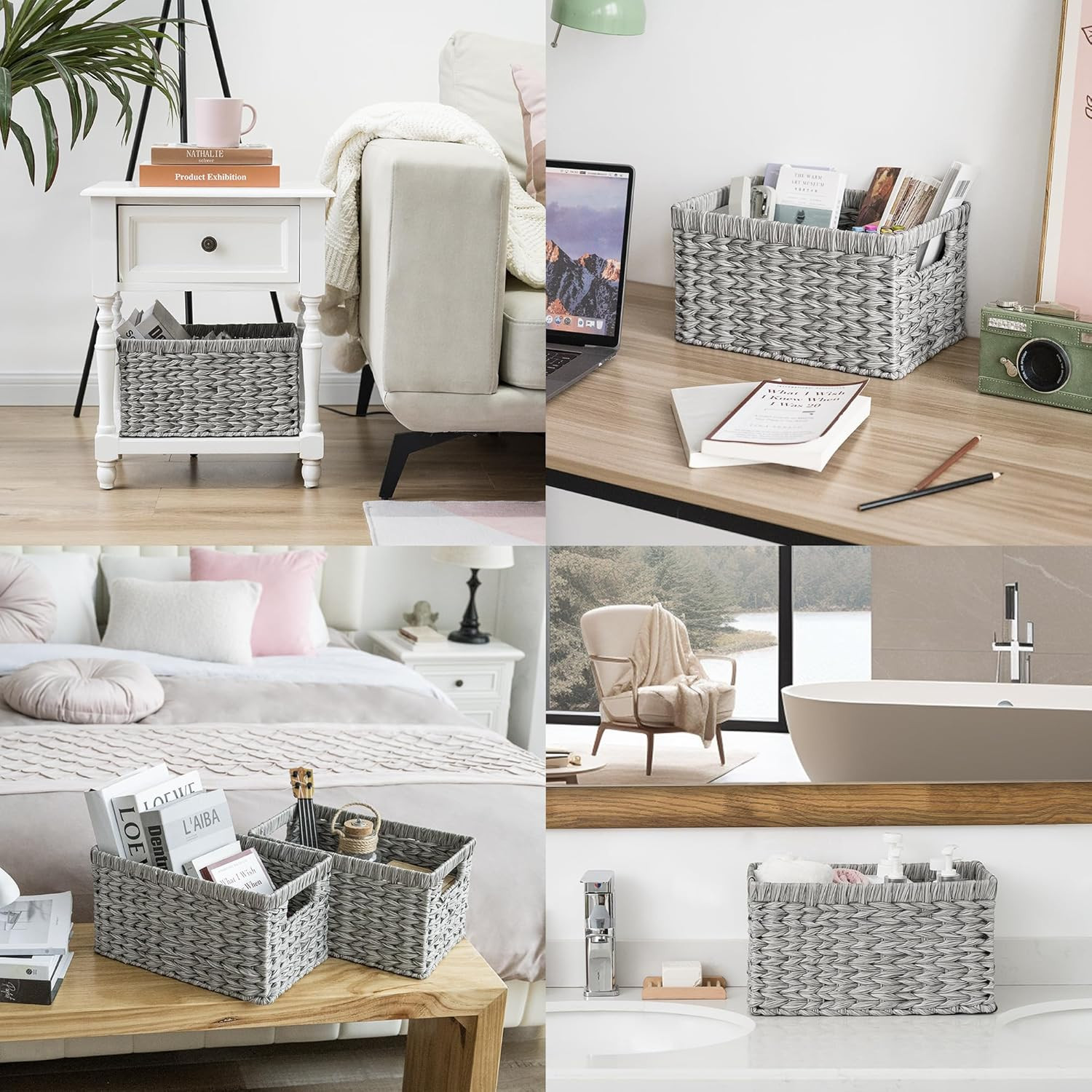 Wicker Baskets with Handles - Gray Storage Baskets (2-Pack) for Organizing Cabin