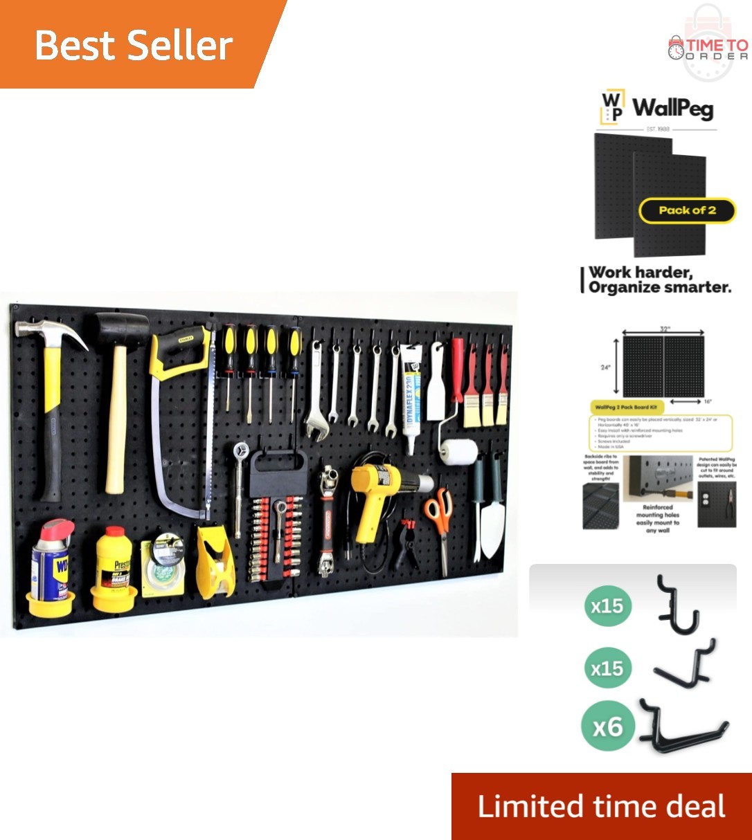 Black Plastic Pegboard Panels 24x16 Wall Organizer Kit with 36 Hooks