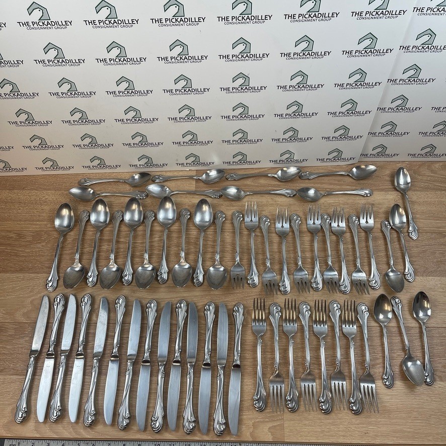 50 Plus 18-8 Stainless Japan Flatware Set Scroll Pattern Knives Forks Spoons