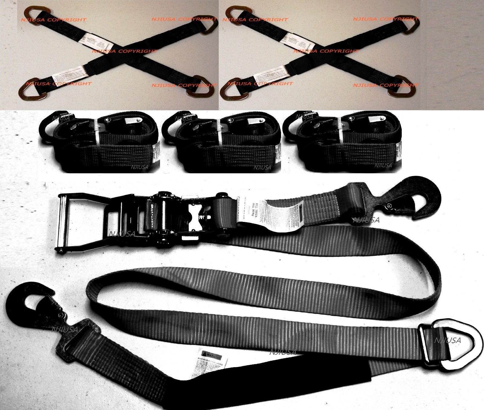 4 Axle Straps Car Hauler Trailer Auto Tie Down 4 Ratchet Straps Tow Kit 36DRing