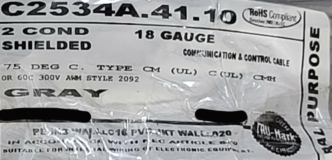 Carol C2534A 18/2C Shielded Twist Pair Power/Control Cable UL-2092 CMH Gray/50ft