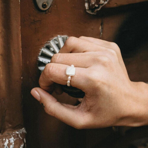 Natural White Freshwater Baroque Square Pearl Circle Adjustable Stretch Rings
