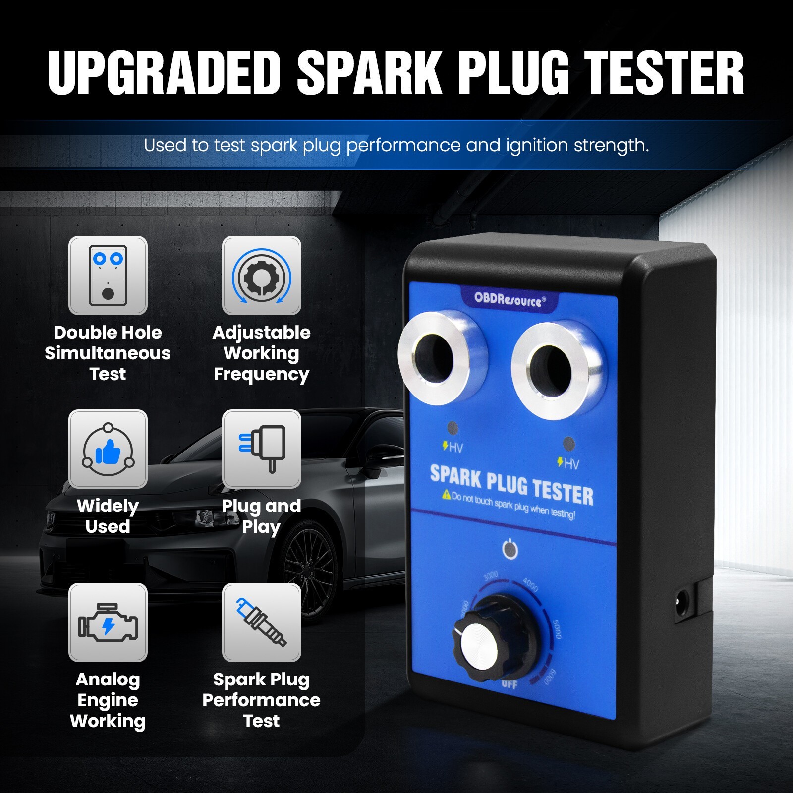 Spark Plug Tester Dual Port, 100-240V Wide Voltage, for 12V Gasoline Cars ST100