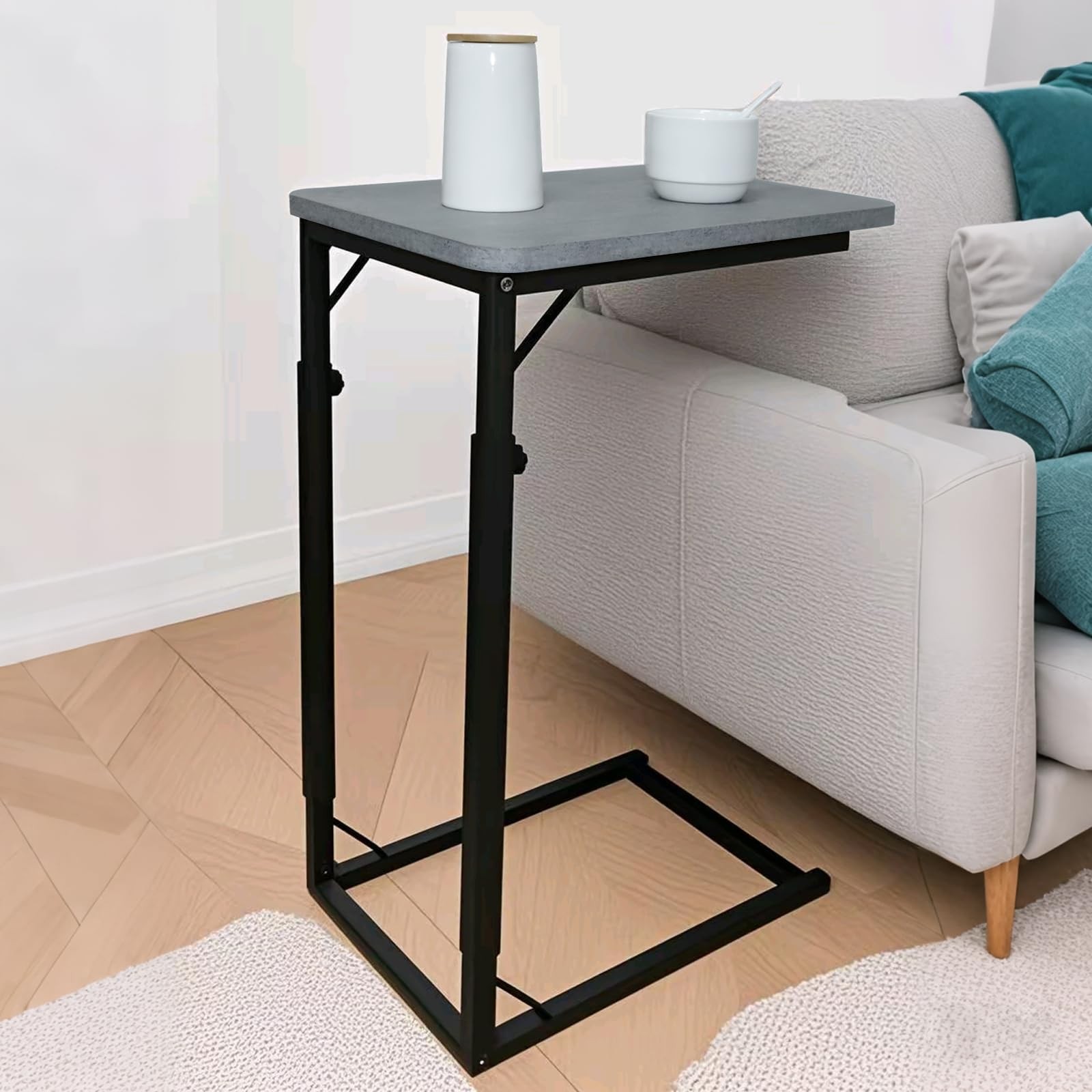 CShaped End Table Couch Adjustable Sofa Side TV Tray Rustic Gray Metal