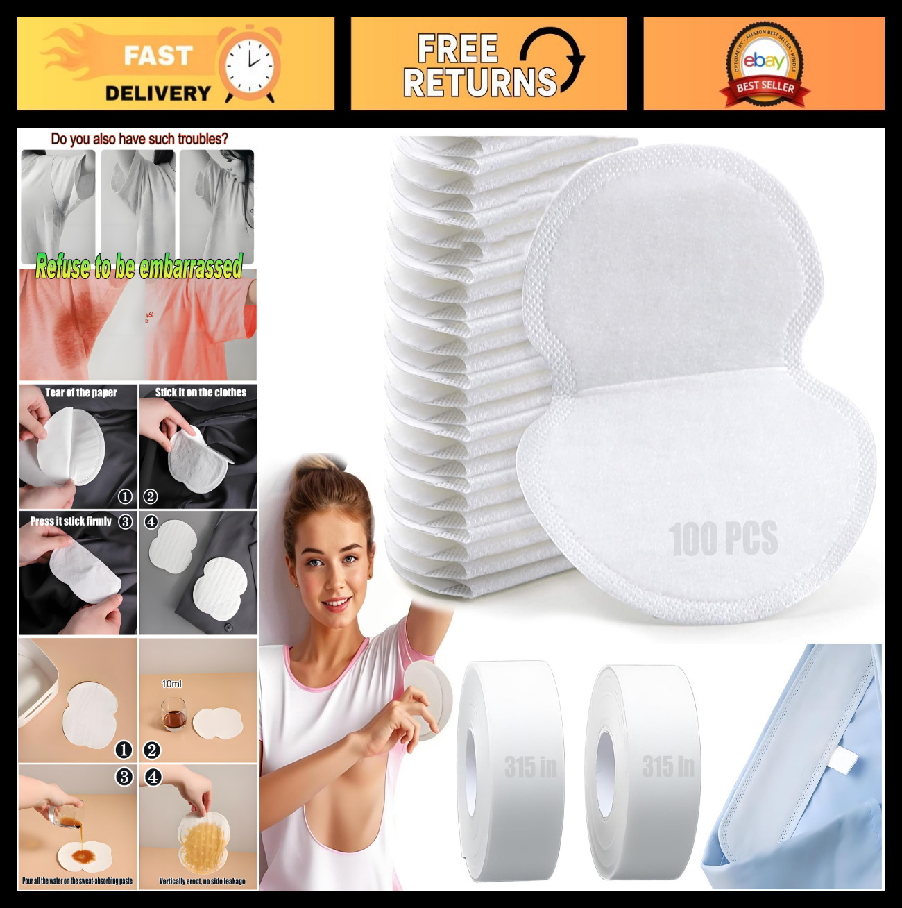 100 Pcs Disposable Underarm Sweat Pads + 2 Rolls Collar Liner Tape - Ultra Thin