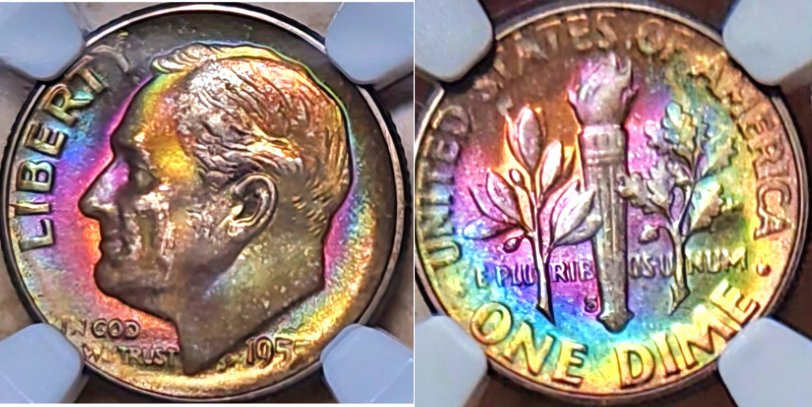 1955 S 10c NGC MS-68🌈 DUAL SIDED RAINBOW TONED ROOSEVELT DIME ULTRA GEM POP 6/0