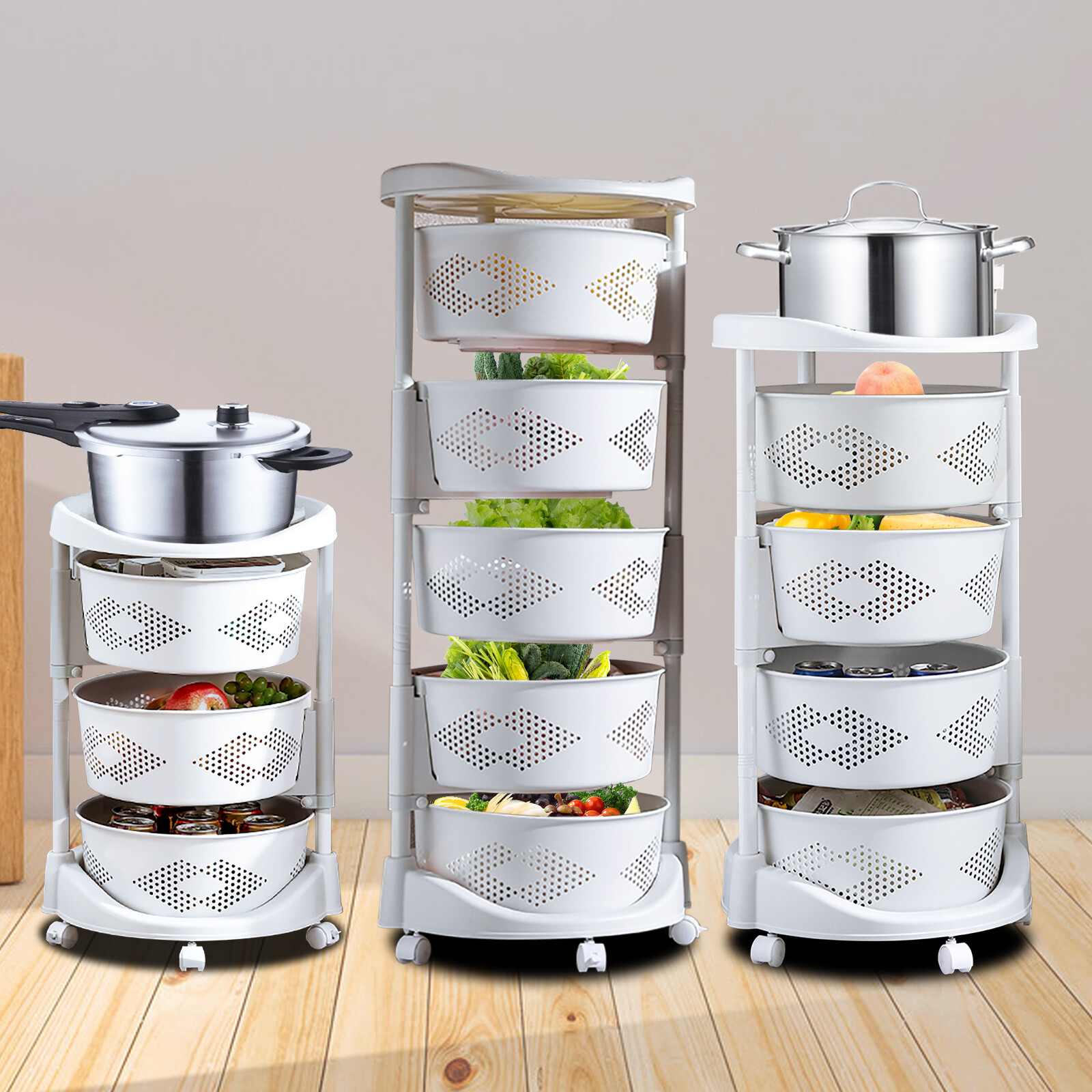Kitchen Storage Cart Rotating Basket Vegetable Rack Multi-Layer Storage Shelves