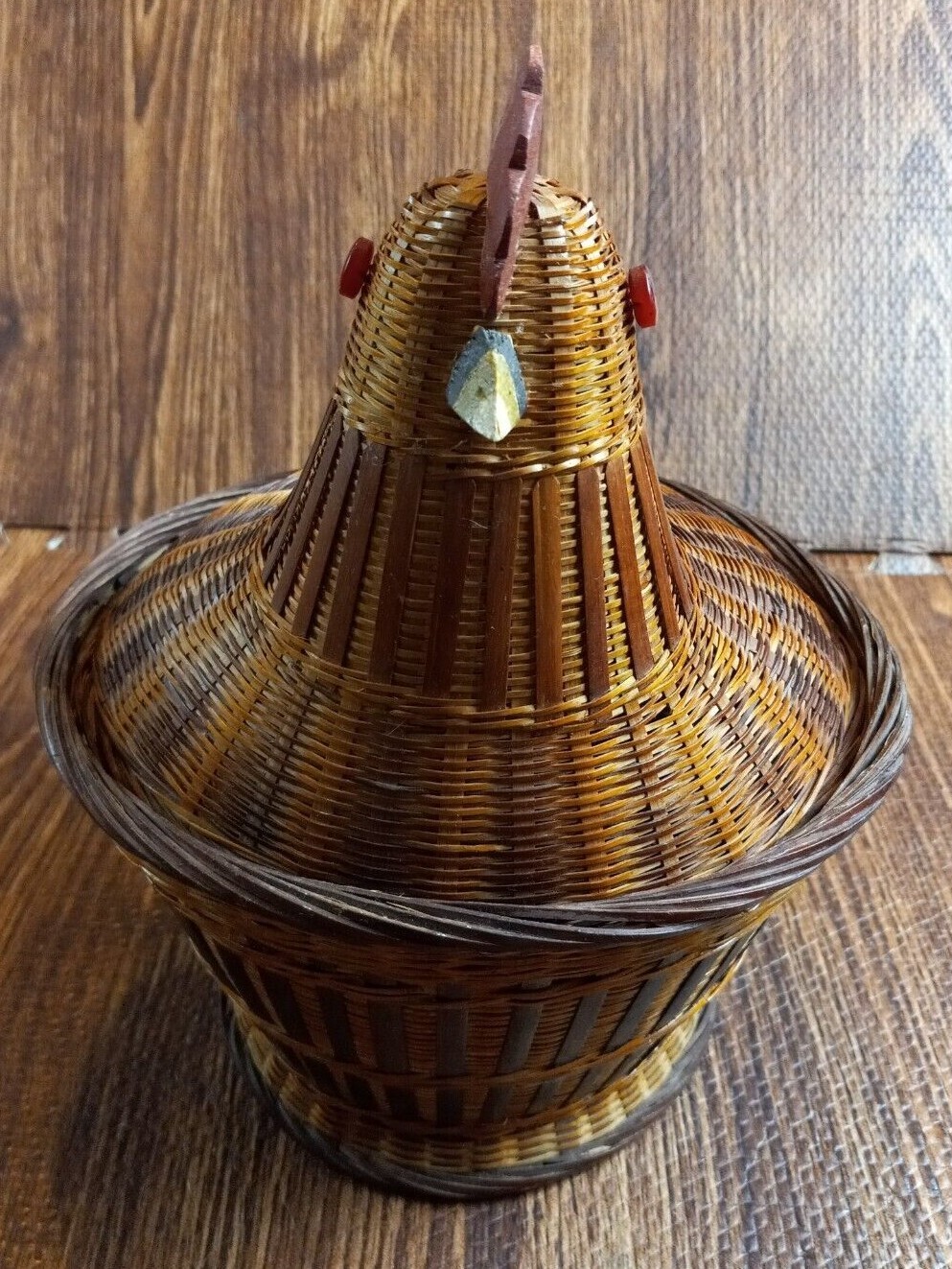 Vintage Rattan Wicker Chicken Hen Rooster Basket Wood Beak Farmhouse