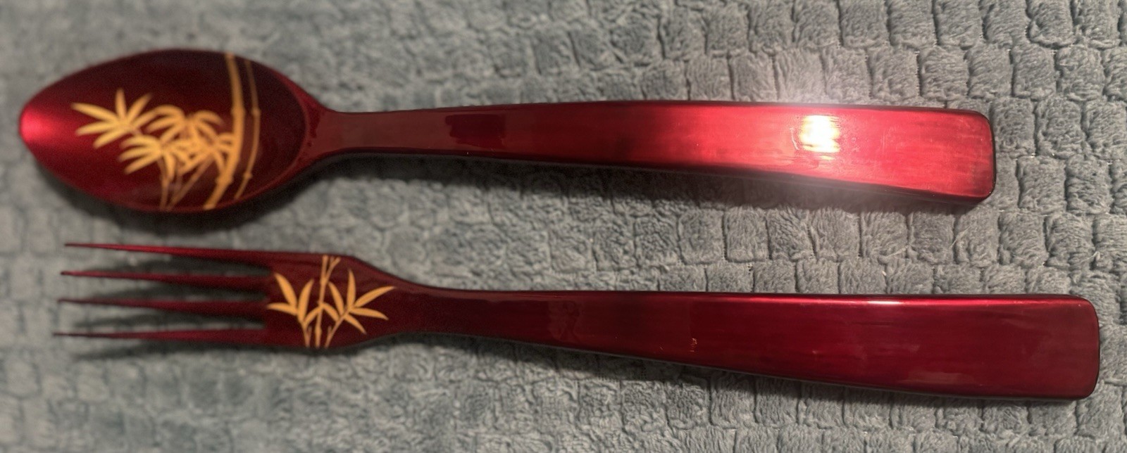 Japanese Lacquerware Fork And Spoon Salad Server With Gold Bamboo Design.