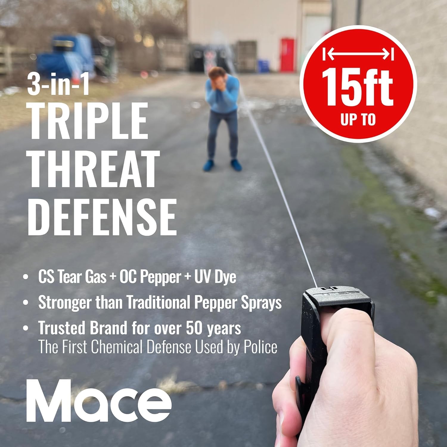 Mace 3-in-1 Pepper Spray — OC + Tear Gas + UV Dye, Flip-Top Safety Cap