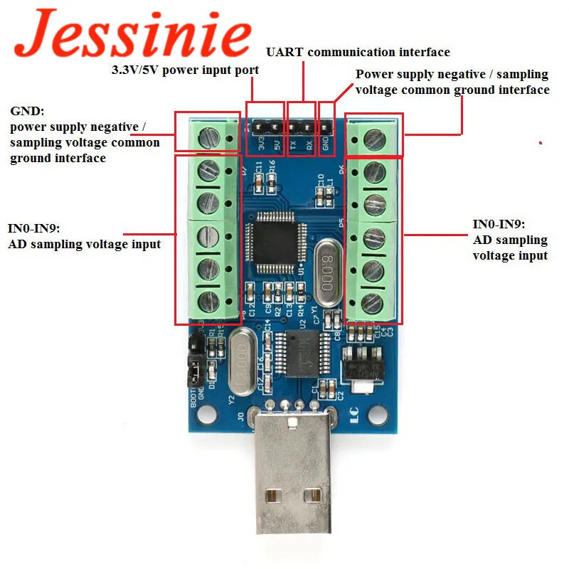 STM32F103C8T6 ADC Module - 10 Channel 12Bit USB Data Acquisition UART