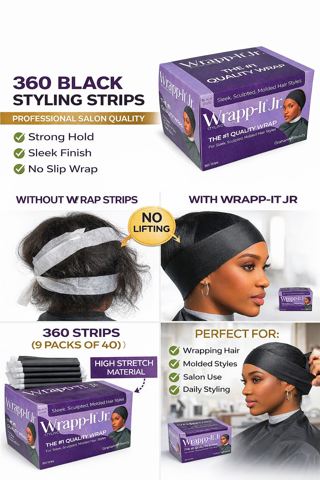 Wrapp-It Jr Styling Strips 360 Count BLACK Hair Wrap Strips  Salon Wrap
