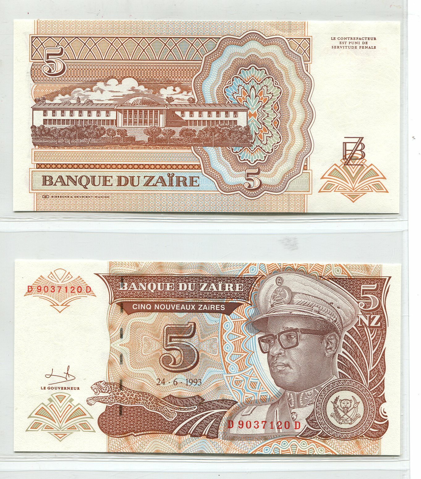 Zaire 1993 5 Nouveaux Zaires 5 NZ  | Uncirculated Banknote | UNC