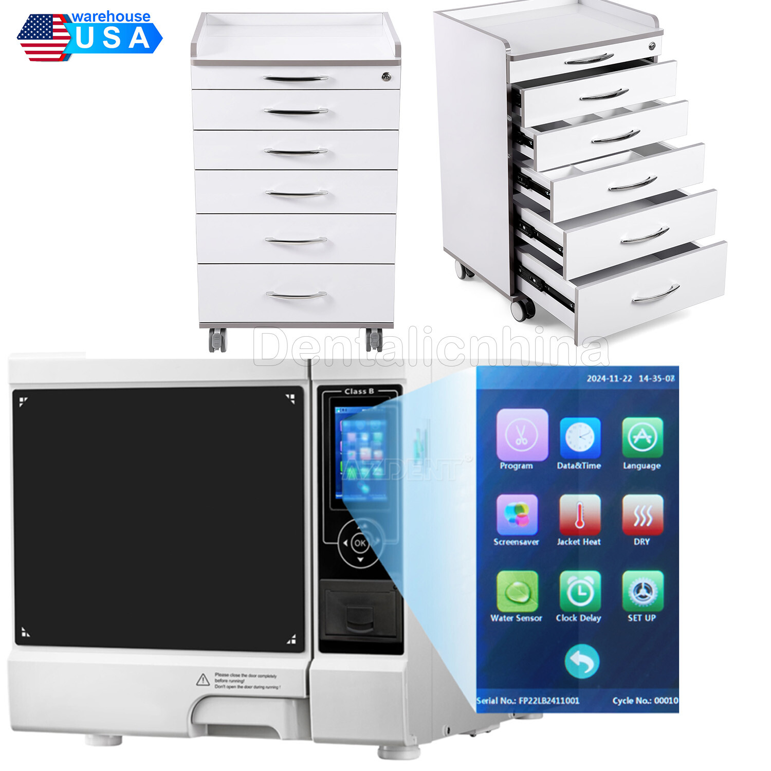 Class B Dental Autoclave Steam Sterilizer built-in Printer/Cabinet Cart 5 Drawer