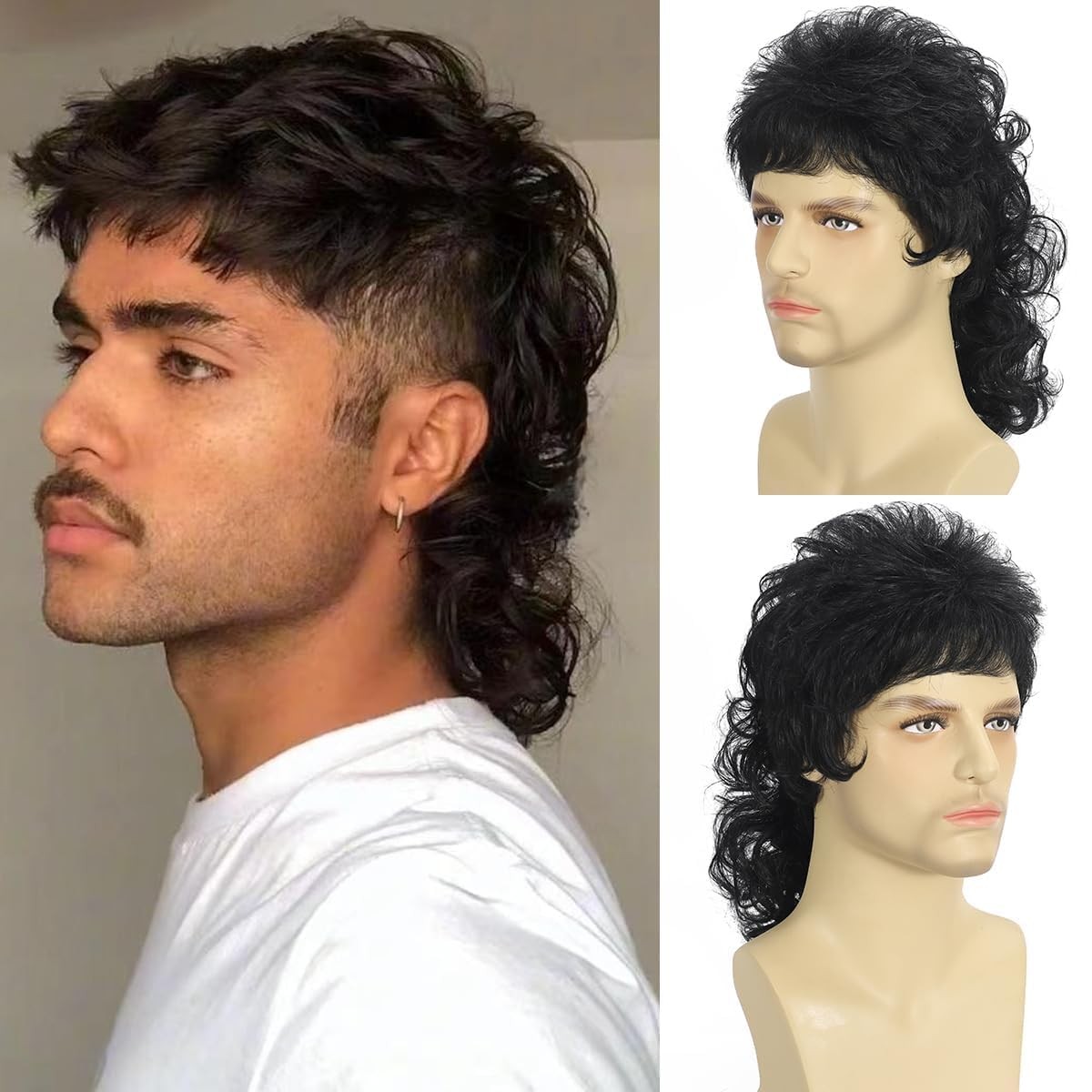 Curly Mullet Wig - Black Men's 80s Punk Rocker for Halloween