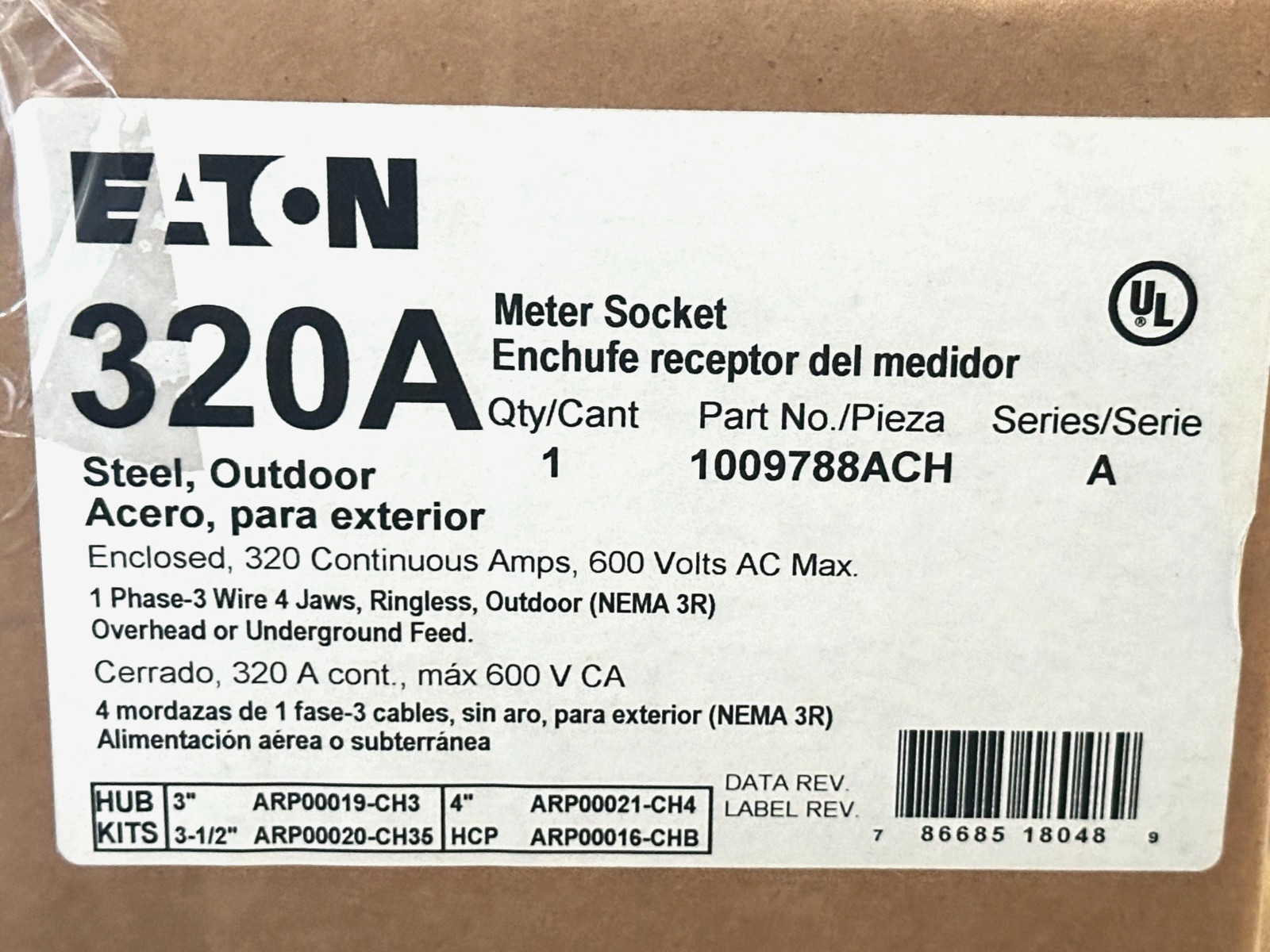 NEW EATON 1009788ACH METER SOCKET RINGLESS LEVER Bypass 320A 600V 3Wire 4 Jaw 3R