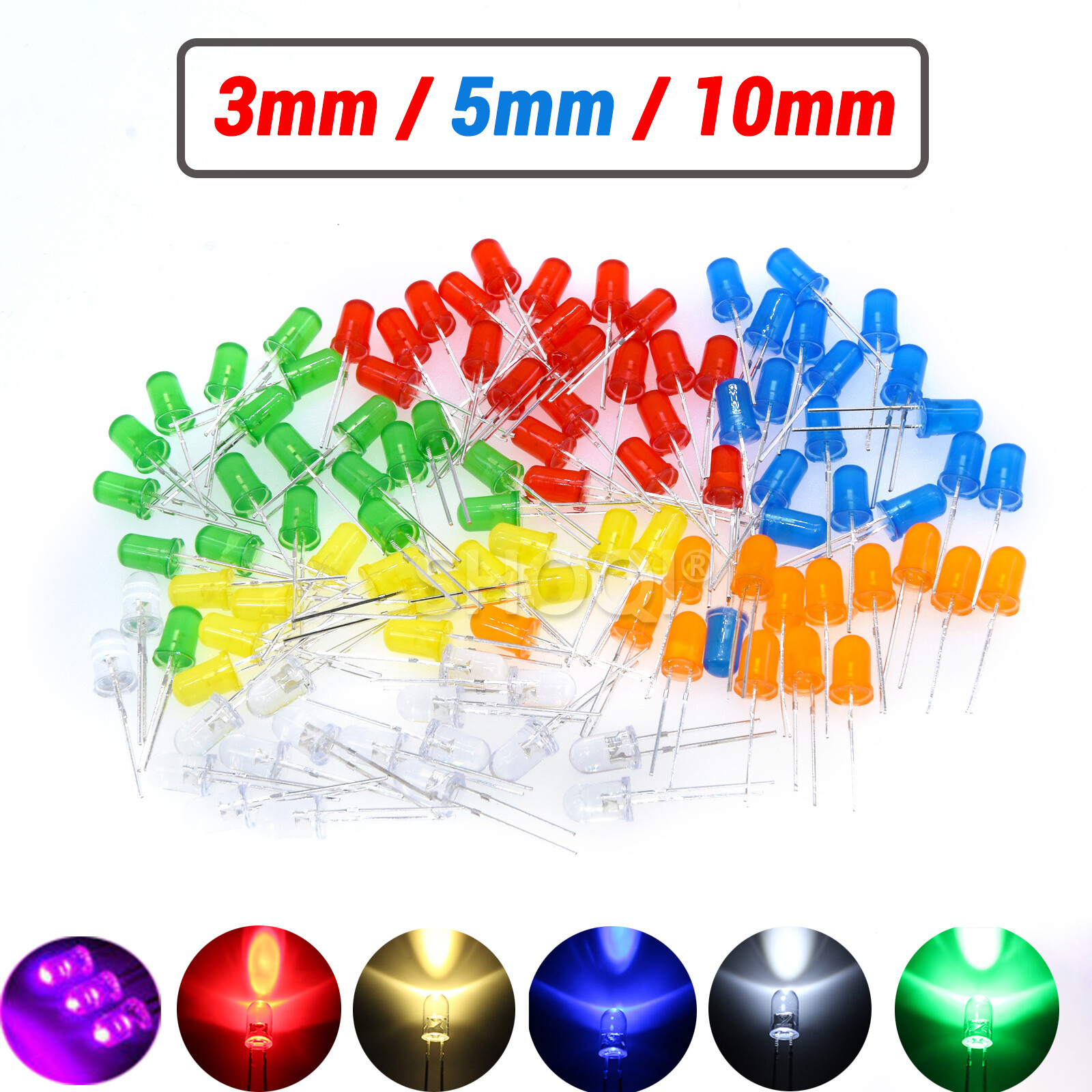Clear Ultra Bright LED 3mm / 5mm / 10mm Red,Blue,Yellow,Purple,Green