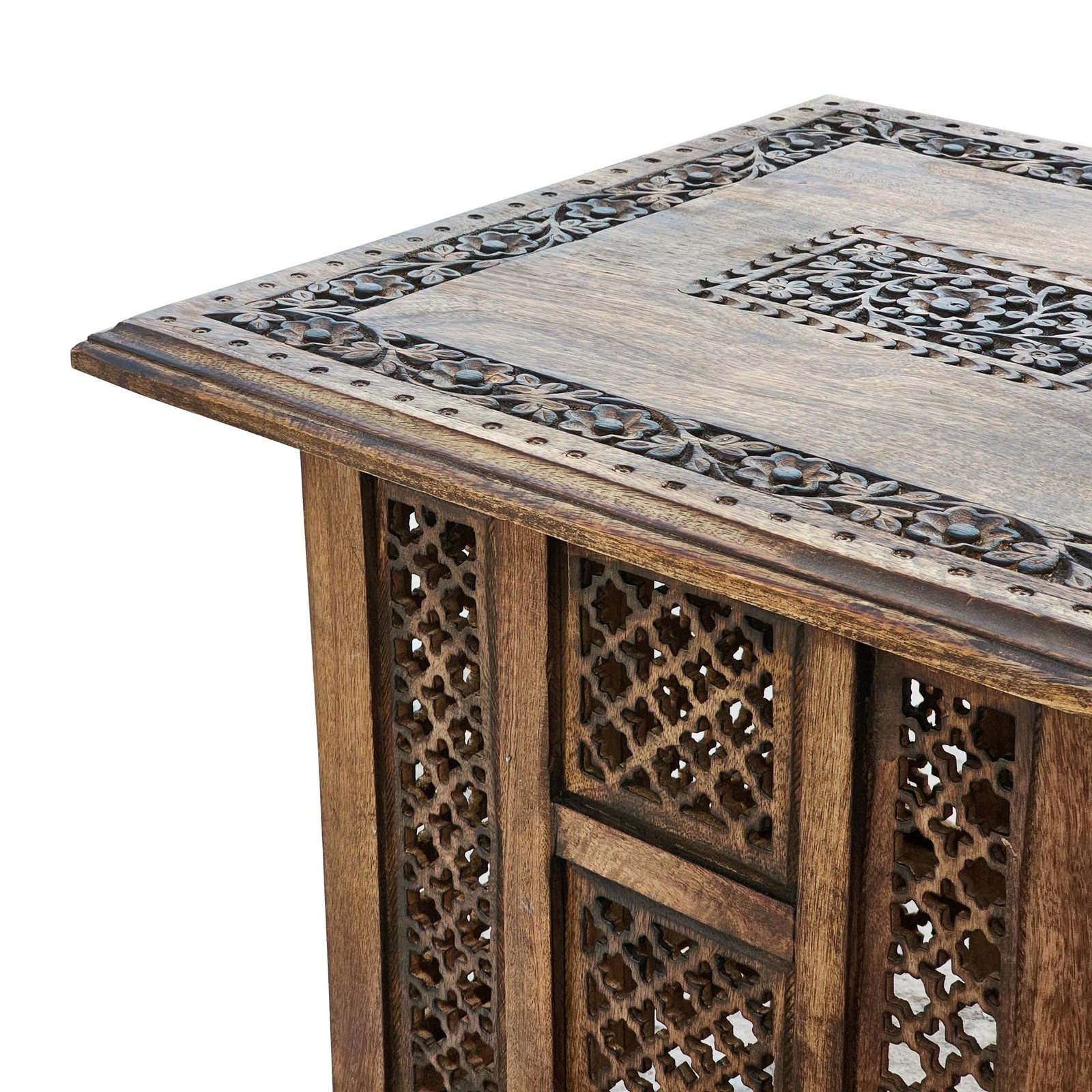 21 Inch Boho Side End Table- Floral Carved Details- Foldable Panel Legs
