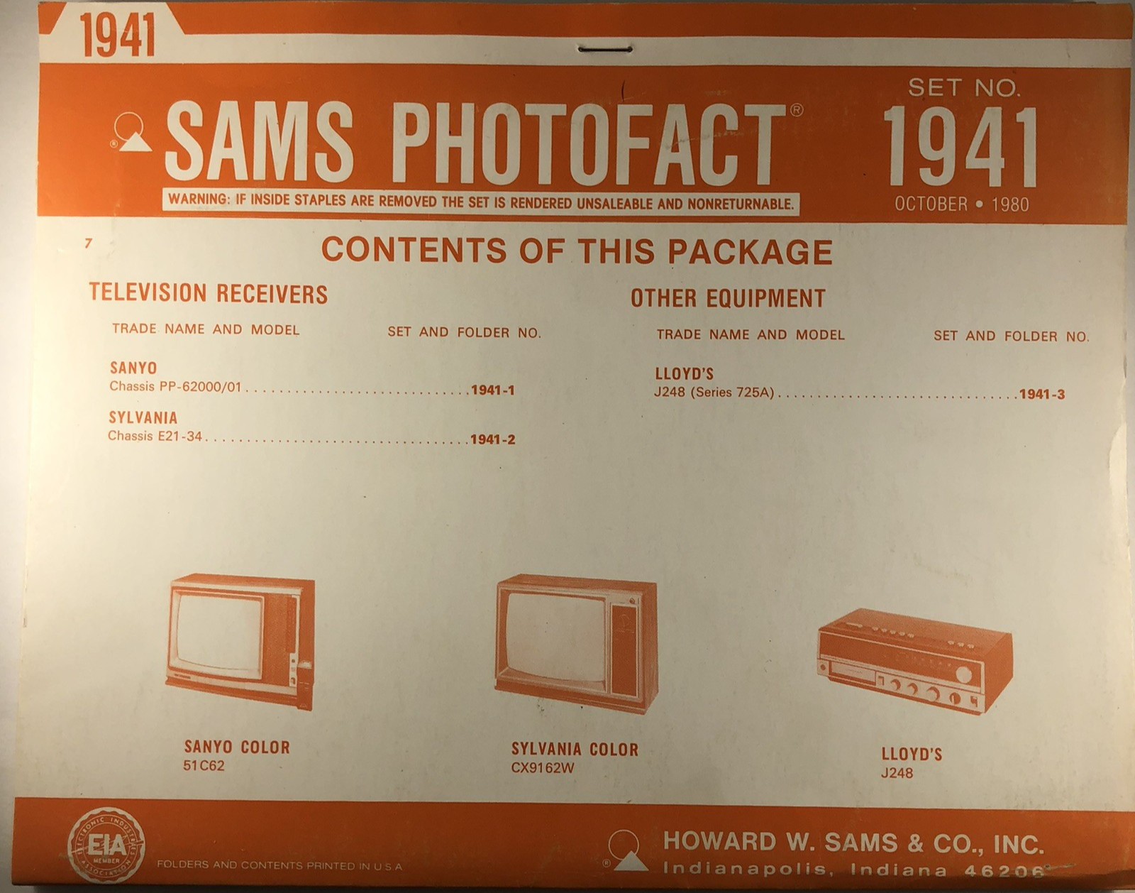 SAMS PHOTOFACT FOLDER SET NO. 1941, 1980, SCHEMATICS & SERVICE MANUALS